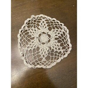 7" crocheted lace doily ecru beige scalloped edges round floral center